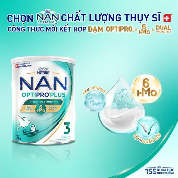 Sữa bột Nestlé NAN OPTIPRO PLUS 3 6HMO cho trẻ 1–2 tuổi (Lon 1,5kg)