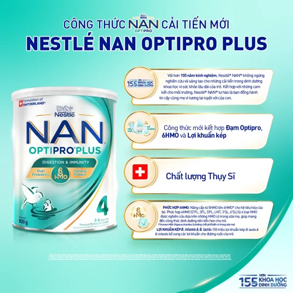 Sữa bột Nestlé NAN OPTIPRO PLUS 4 6HMO cho trẻ 2–6 tuổi (Lon 800g)