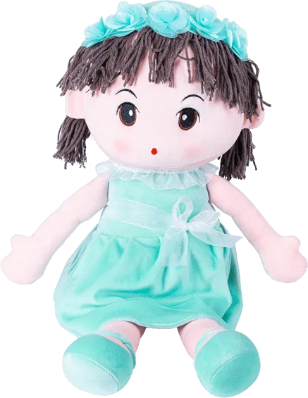 Búp bê nhồi bông Animo tóc xù đầm xanh