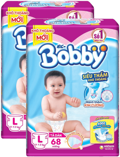 Combo 2 gói Bỉm tã dán Bobby siêu thấm size L, 68 miếng (9-13kg)