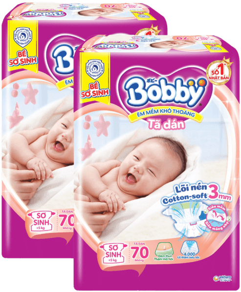Combo 2 Tã dán Bobby siêu thấm - khô thoáng  (Sơ sinh, dưới 5kg, 70 miếng)