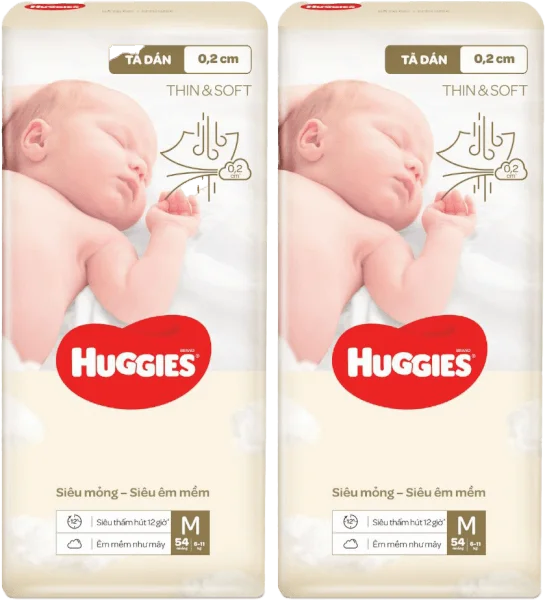Combo 2 Tã dán Huggies Thin & Soft  (M, 6-11kg, 54 miếng)