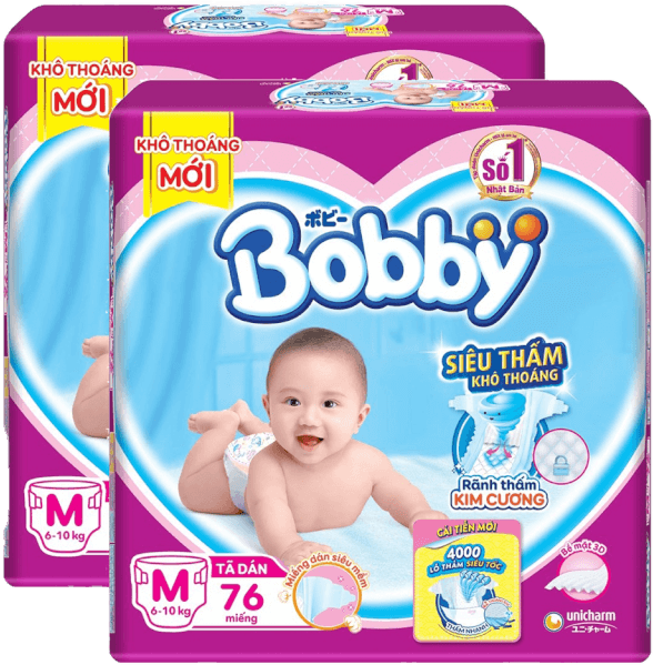 Combo 2 gói Bỉm tã dán Bobby siêu thấm size M 76 miếng (6-10kg)