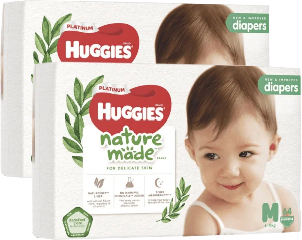 Combo 2 bỉm tã dán Huggies Platinum Nature Made size M 64 miếng (6-11kg)