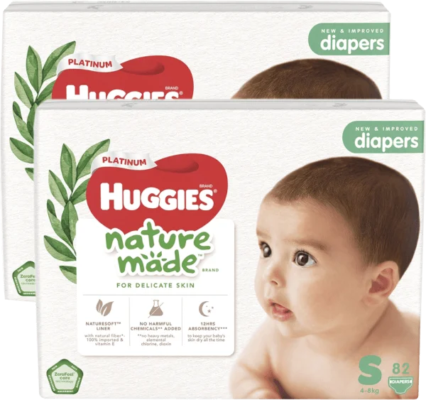 Combo 2 bỉm tã dán Huggies Platinum Nature Made size S 82 miếng (4-8kg)