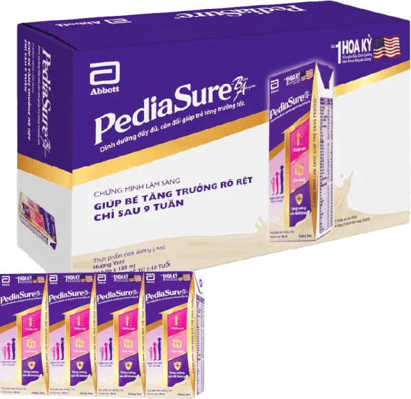 Thùng thực phẩm dinh dưỡng y học cho trẻ 1-10 tuổi: Pediasure hương vani (180ml) (Lốc 4) (12 lốc)