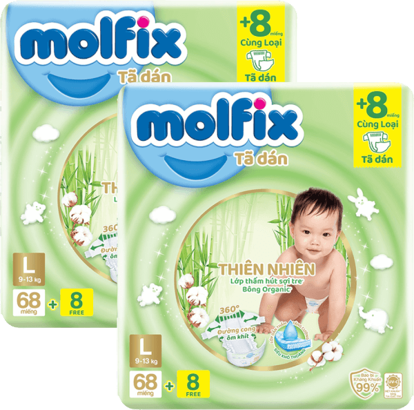 Combo 2 Bỉm tã dán Molfix Thiên Nhiên (L, 9-13kg, 68 miếng + 8 miếng)