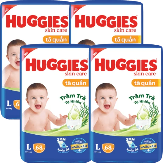 Combo 4 Tã quần Huggies Skincare gói cực đại (L, 9-14kg, 68 miếng)