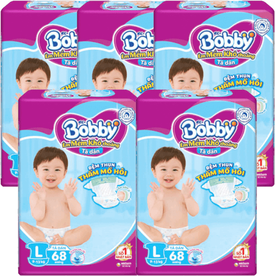 Combo 5 Tã dán Bobby Fresh Siêu thấm - Khô thoáng L68