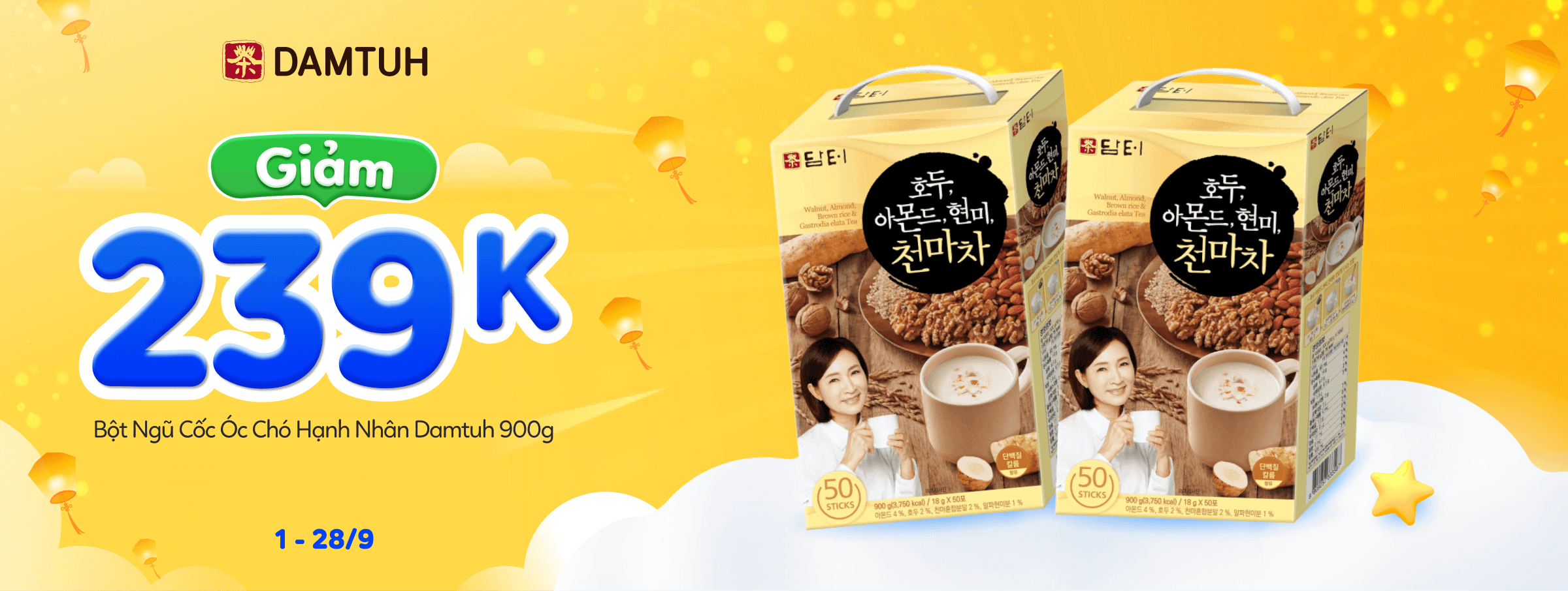 Giảm còn 239,000 Bột Ngũ Cốc Óc Chó Hạnh Nhân Damtuh 900g - CATE BANNER