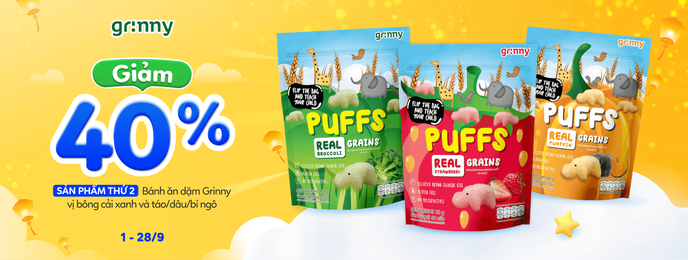 Giảm 20% Combo 2 Bánh ăn dặm Grinny vị bông cải xanh và táo/dâu/bí ngô - CATE BANNER