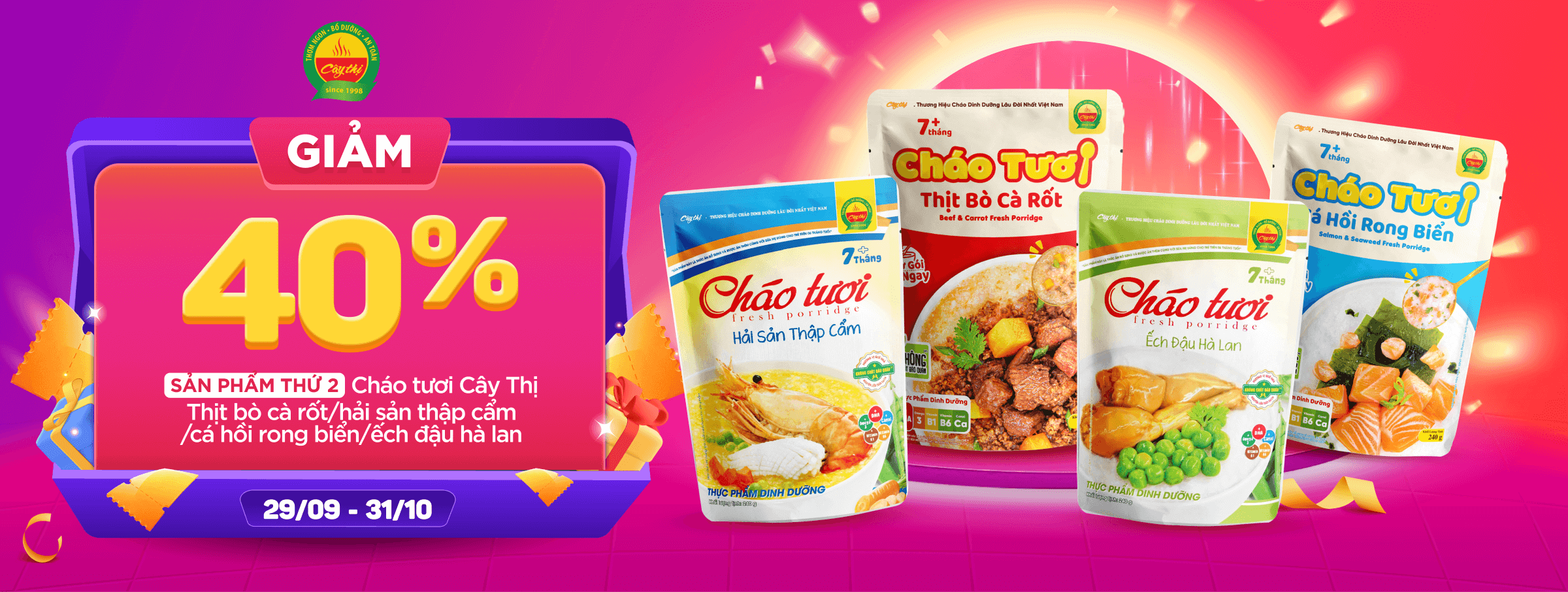 Giảm 40% sản phẩm thứ 2 Cháo tươi Cây Thị Thịt bò cà rốt/hải sản thập cẩm/cá hồi rong biển/ếch đậu hà lan - cate 