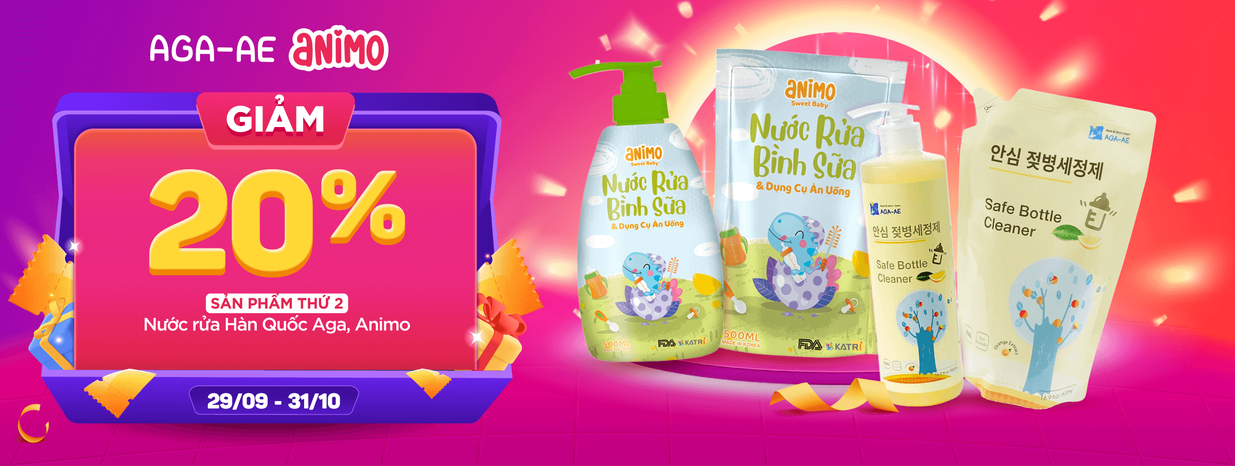 Rửa bình sữa Aga,Animo giảm 20% sp thứ 2 - CATE 