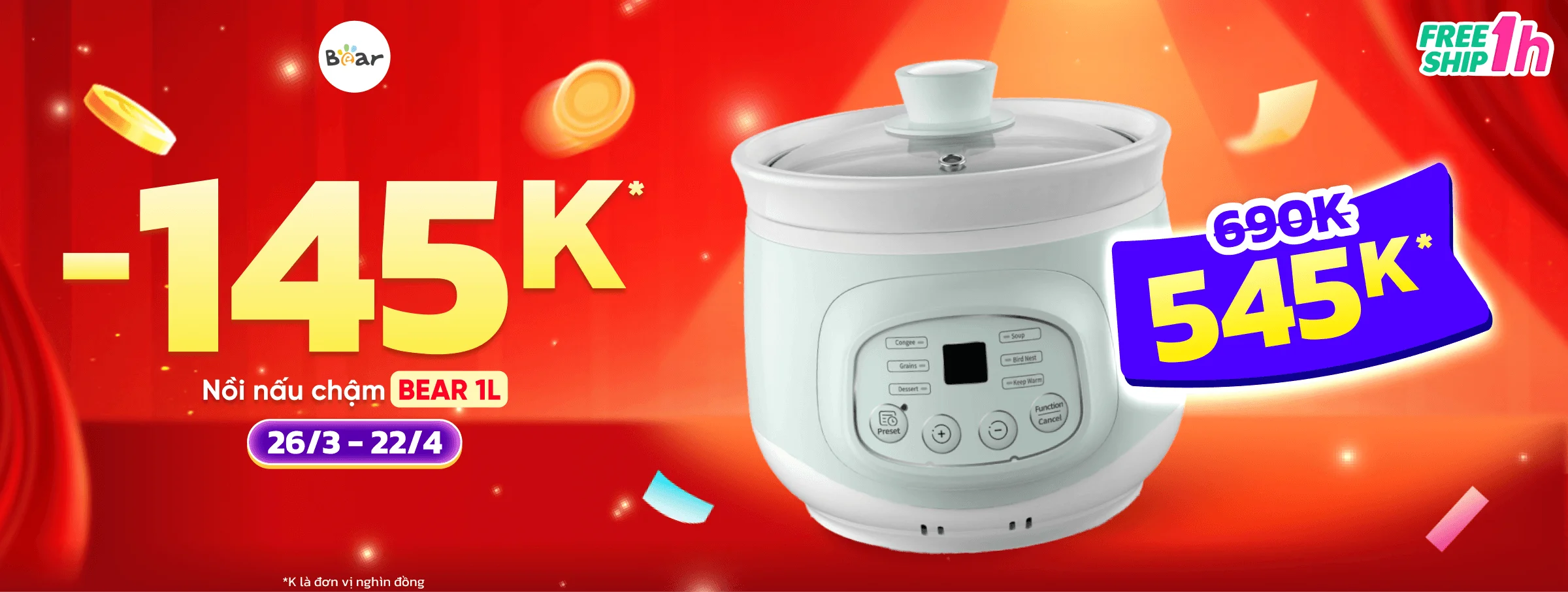 Nồi nấu chậm Bear 1L T4 -CATE