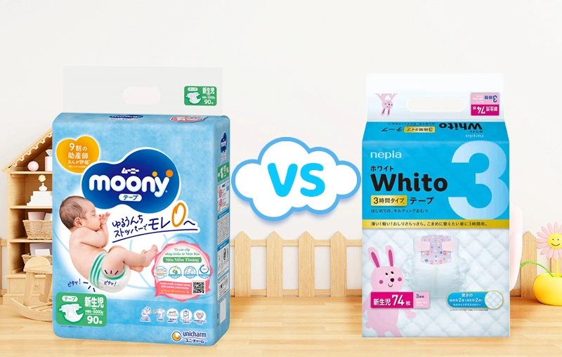 So sánh bỉm Moony sơ sinh và bỉm Whito có gì khác nhau? Nên chọn mua loại nào cho bé?