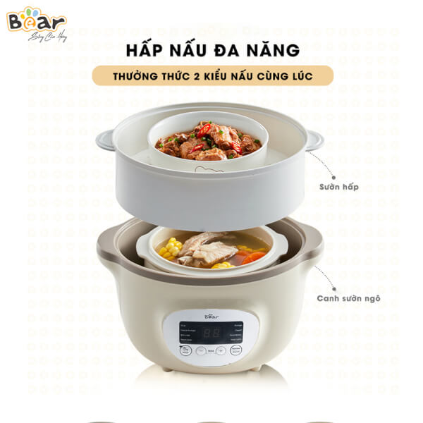 Nồi nấu chậm Bear 1,6L có lồng hấp (Kem, SUBE002)