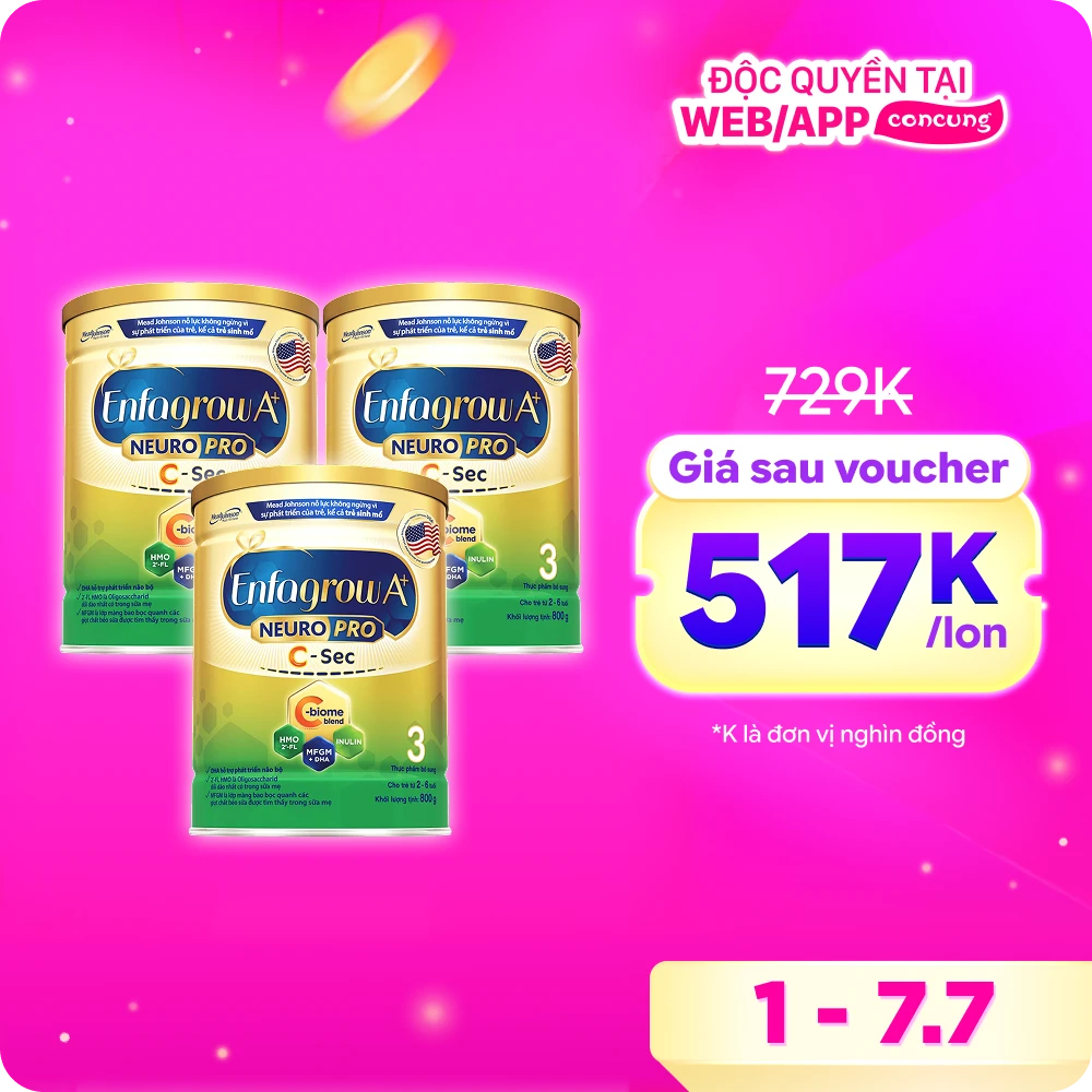 Combo 3 Sữa Enfagrow A+ NeuroPro 3 C-Sec 800g (2-6 tuổi)