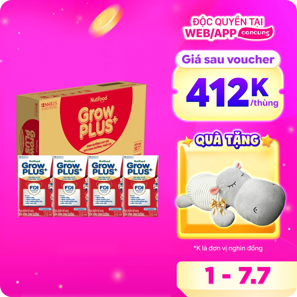 Thùng SPDDPS GrowPLUS 110ml Ít đường (lốc 4 hộp) - 12 lốc