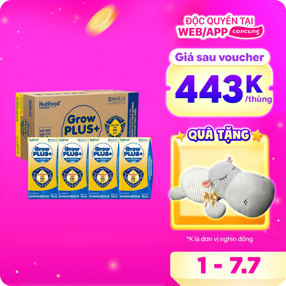 Thùng Sữa GrowPLUS+ Sữa non Vàng hộp 110ml (lốc 4 hộp)
