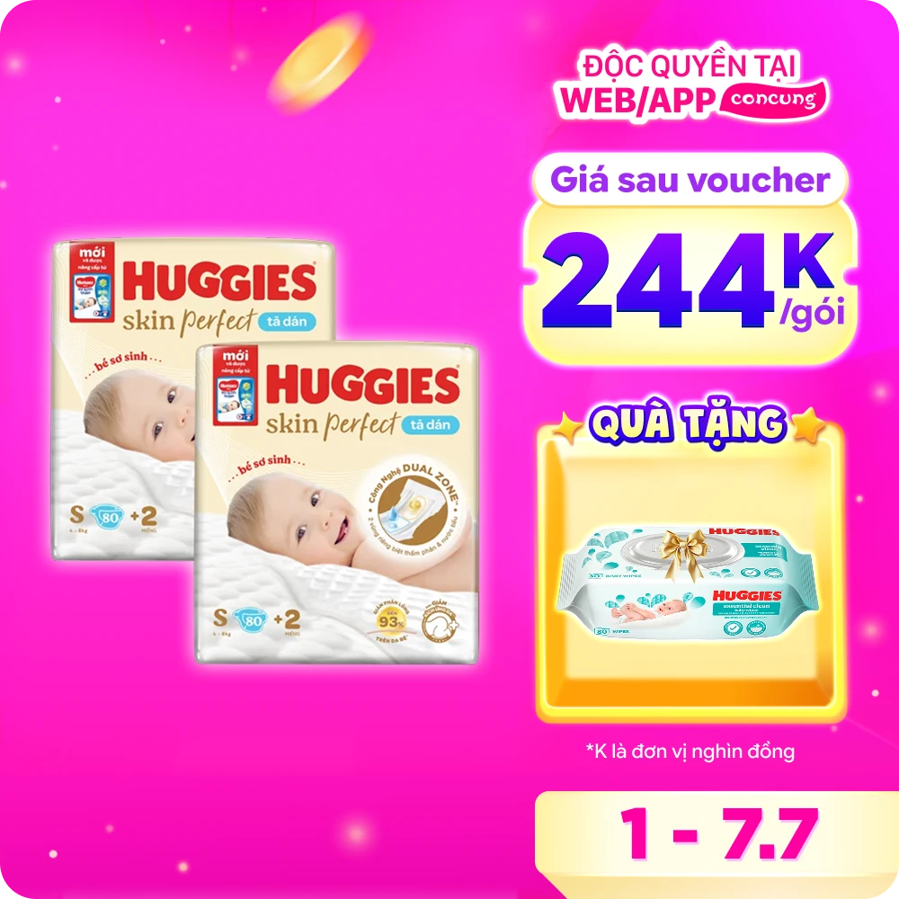 Combo 2 Tã dán sơ sinh Huggies Skin Perfect (S, 4-8kg, 80 miếng)