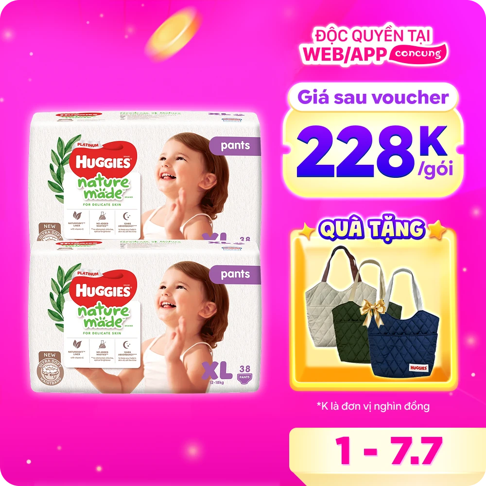 Combo 2 gói Bỉm tã quần Huggies Platinum Nature Made size XL 38 miếng (12-18kg)