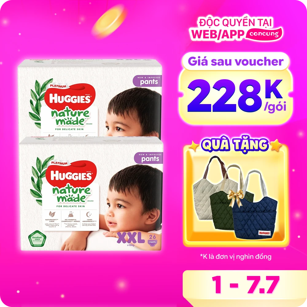 Combo 2 gói Bỉm tã quần Huggies Platinum Nature Made size XXL 26 miếng (trên 15kg)
