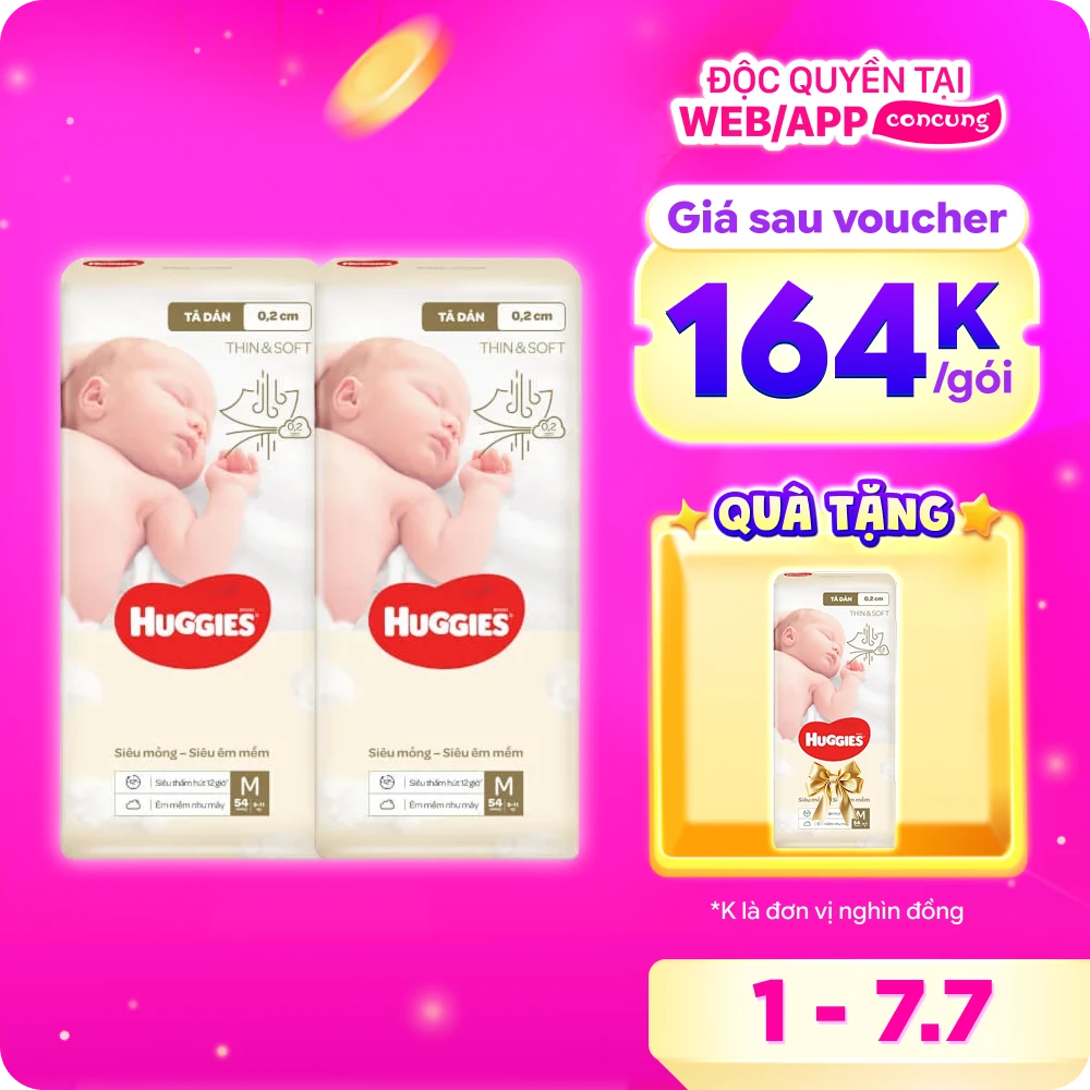 Combo 2 Tã dán Huggies Thin & Soft  (M, 6-11kg, 54 miếng)