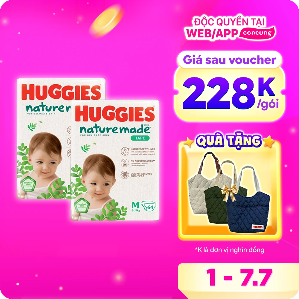 Combo 2 bỉm tã dán Huggies Platinum Nature Made size M 64 miếng (6-11kg) - Giao bao bì ngẫu nhiên