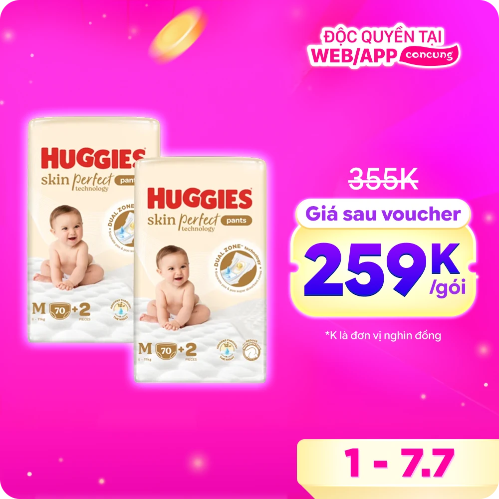 Combo 2 Tã quần Huggies SkinPerfect Pants (M, 6-11kg, 70+2 miếng)