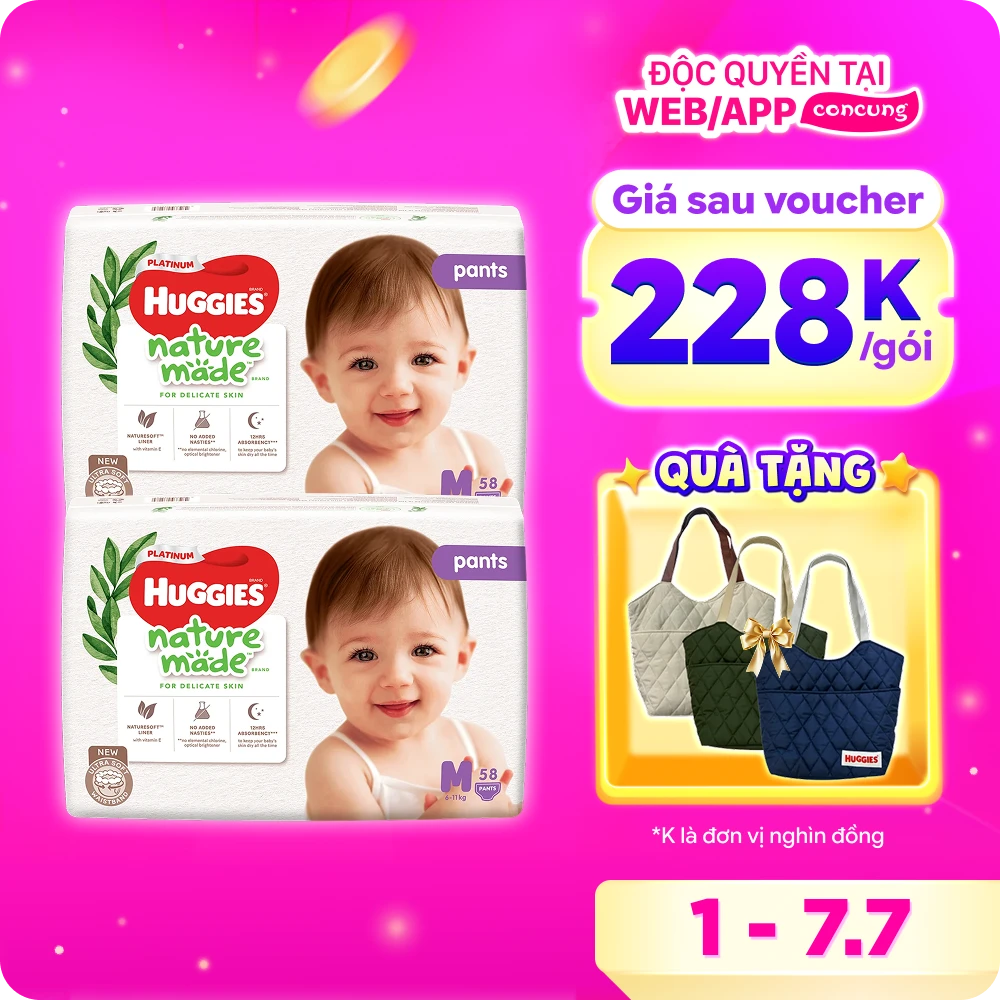 Combo 2 gói Bỉm tã quần Huggies Platinum Nature Made M size 58 miếng (6-11kg)