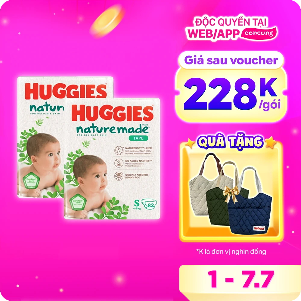 Combo 2 bỉm tã dán Huggies Platinum Nature Made size S 82 miếng (4-8kg) (giao bao bì ngẫu nhiên)