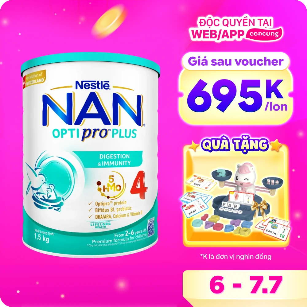 Sữa Nan Optipro PLUS 4 1.5kg, với 5HMO, Công thức từ Thụy Sĩ (2-6 tuổi) (Giao bao bì ngẫu nhiên)