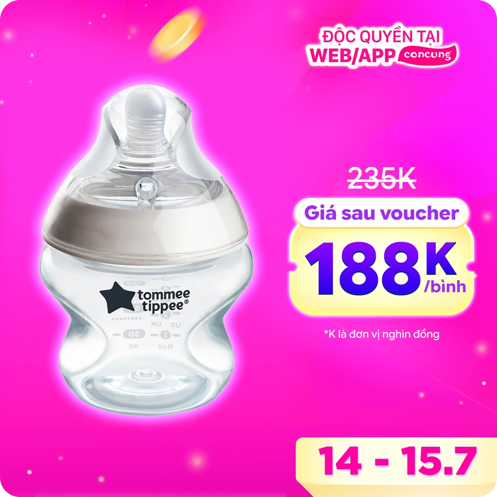 Bình sữa PP ty siêu mềm tự nhiên Tommee Tippee Natural Start 150ml, núm ty đi kèm 0-3 tháng