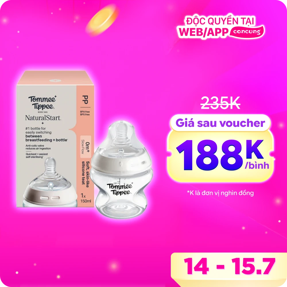 Bình Sữa PP Ty Siêu Mềm Tự Nhiên Tommee Tippee 150ml, Núm Ty Của Bình 0-3 Tháng