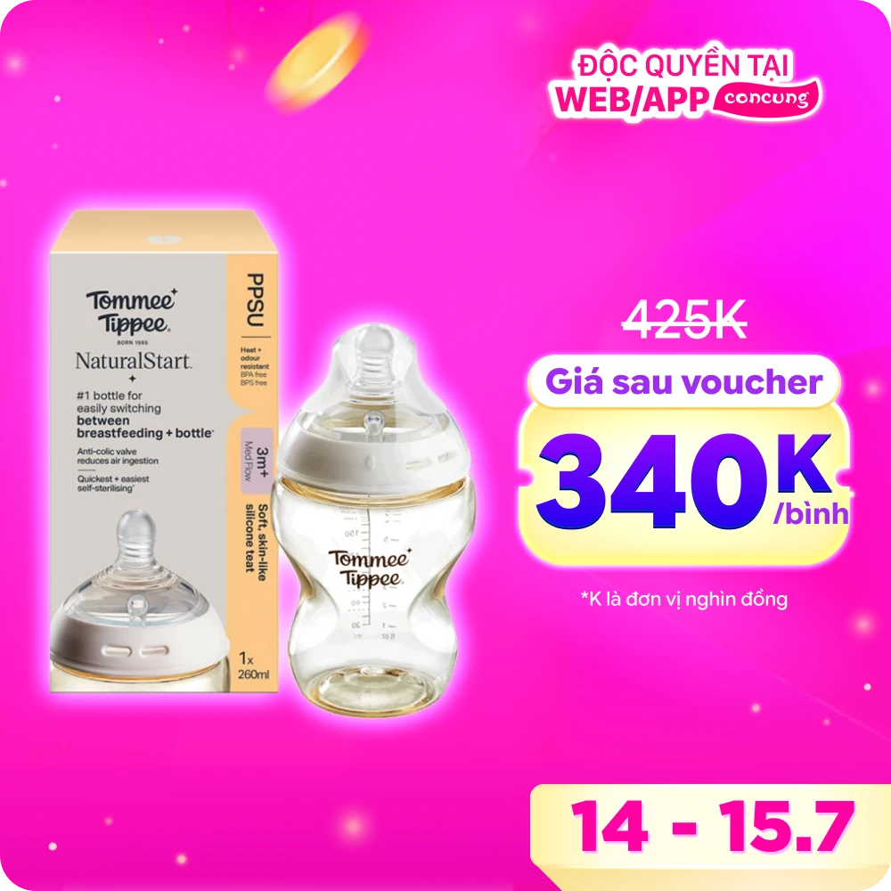 Bình Sữa PPSU Ty Siêu Mềm Tự Nhiên Tommee Tippee 260ml, Núm Ty Của Bình 3-6 Tháng