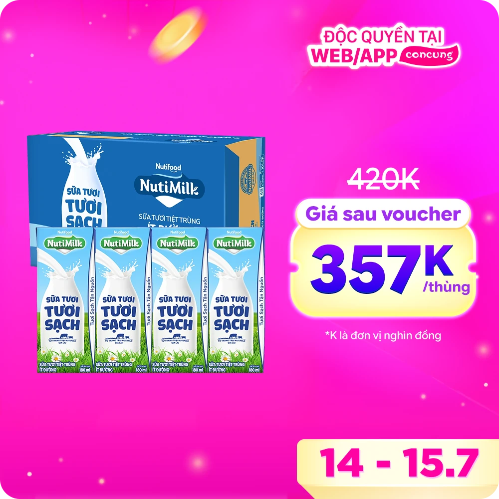 Sữa tươi sạch tiệt trùng Nutimilk, ít đường, 180ml (lốc 4 hộp)