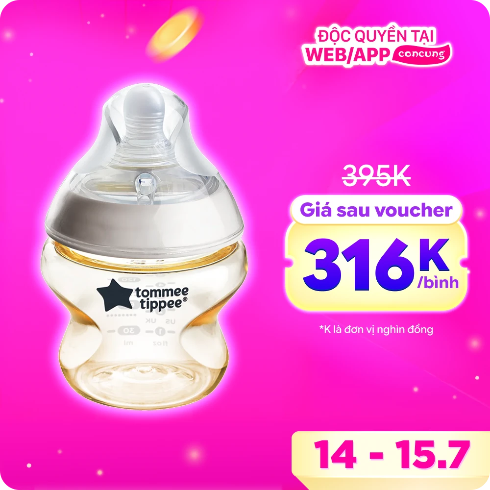 Bình Sữa PPSU Ty Siêu Mềm Tự Nhiên Tommee Tippee Natural Start 150ml, Núm Ty Đi Kèm 0-3 Tháng
