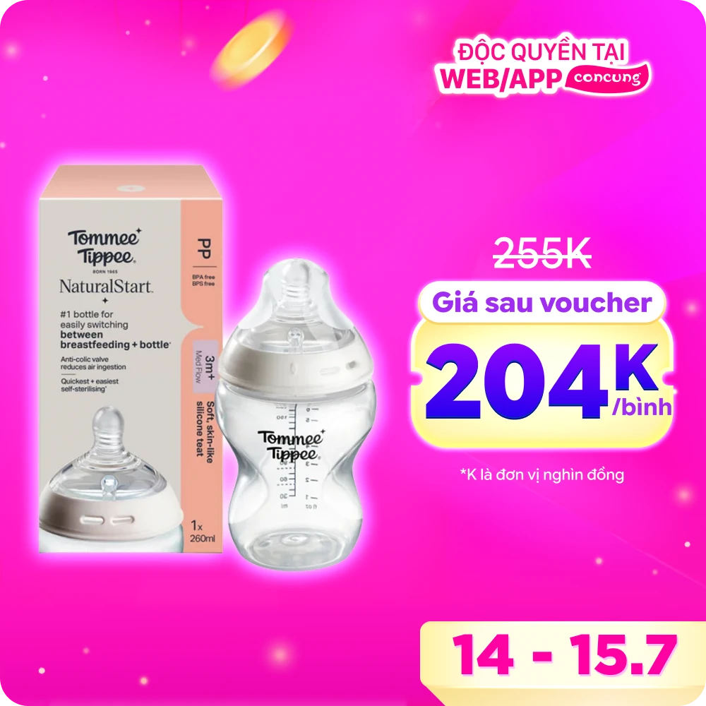 Bình Sữa PP Ty Siêu Mềm Tự Nhiên Tommee Tippee 260ml, Núm Ty Của Bình 3-6 Tháng