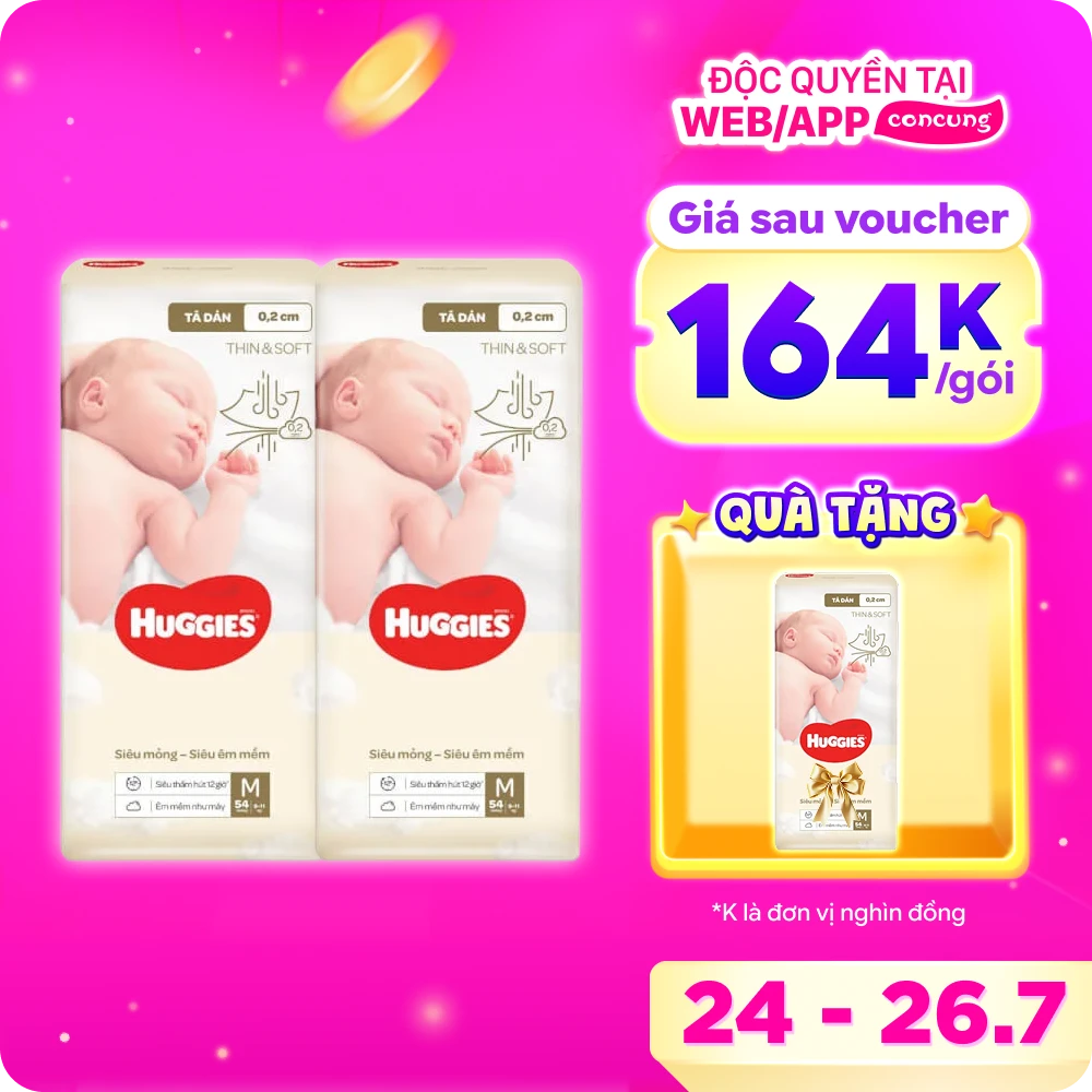 Tã dán Huggies Thin & Soft  (M, 6-11kg, 54 miếng)