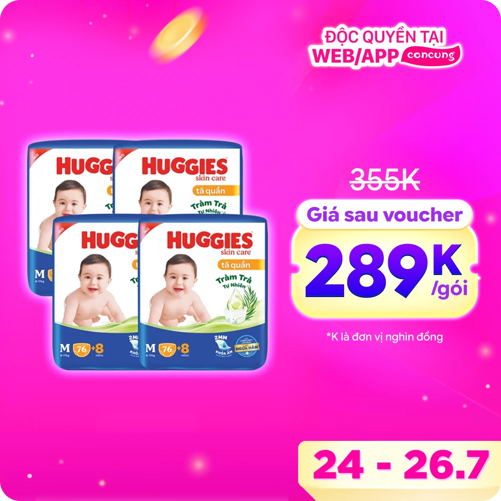 Tã quần Huggies Skincare gói cực đại (M, 6-11kg, 76 miếng) (giao bao bì ngẫu nhiên)