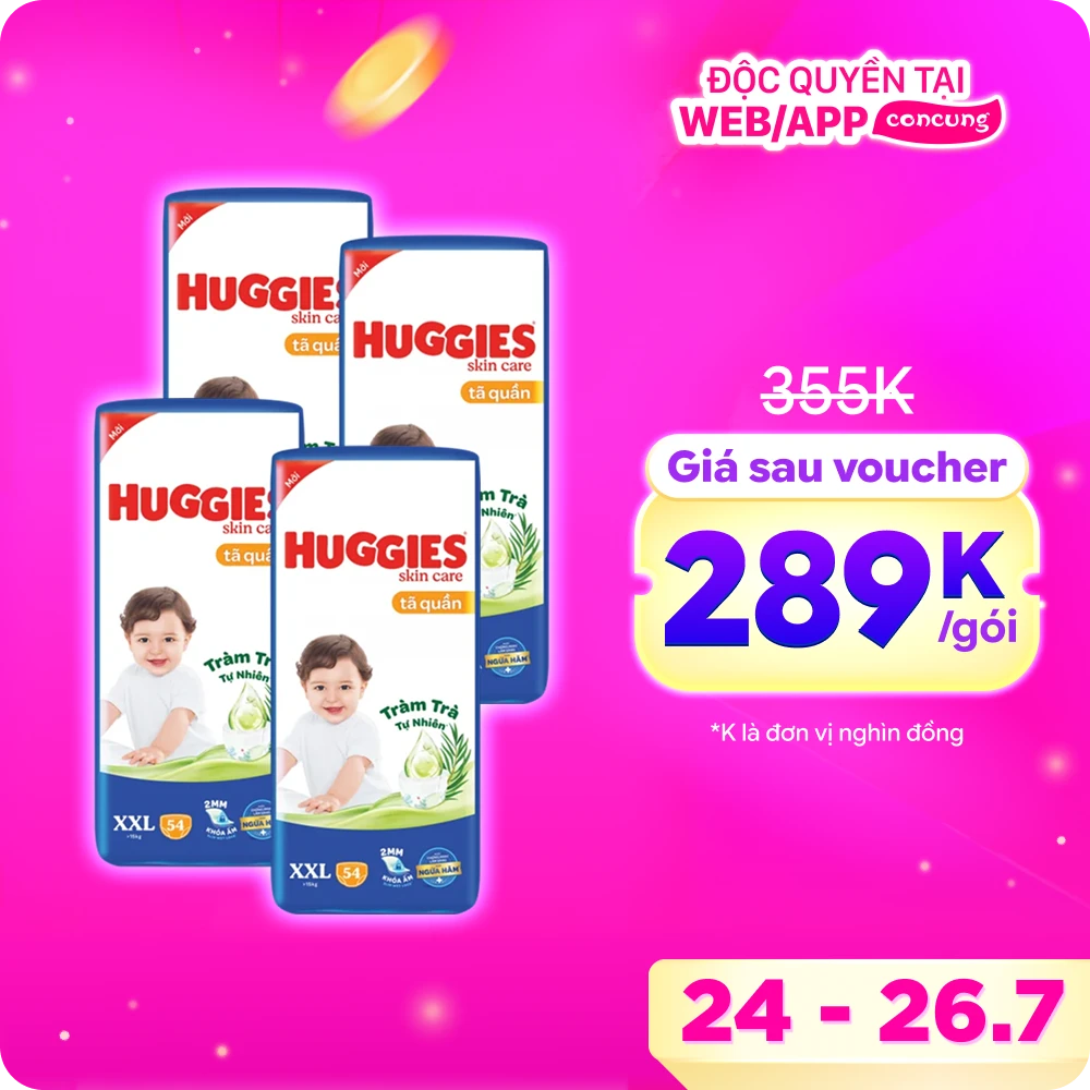 Tã quần Huggies Skincare gói cực đại (XXL, >15kg, 54 miếng) (Giao bao bì ngẫu nhiên)
