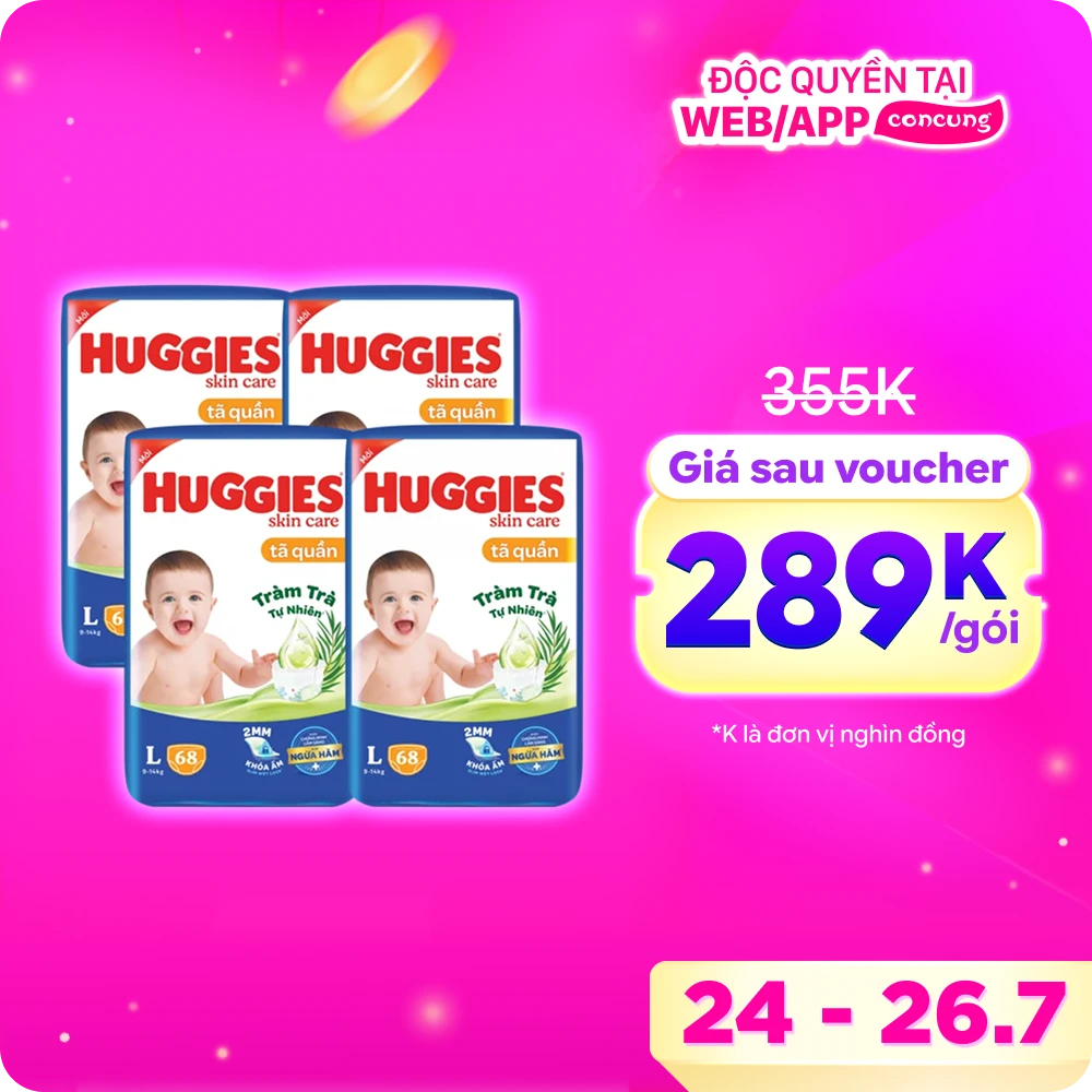 Tã quần Huggies Skincare gói cực đại (L, 9-14kg, 68 miếng) (giao bao bì ngẫu nhiên)