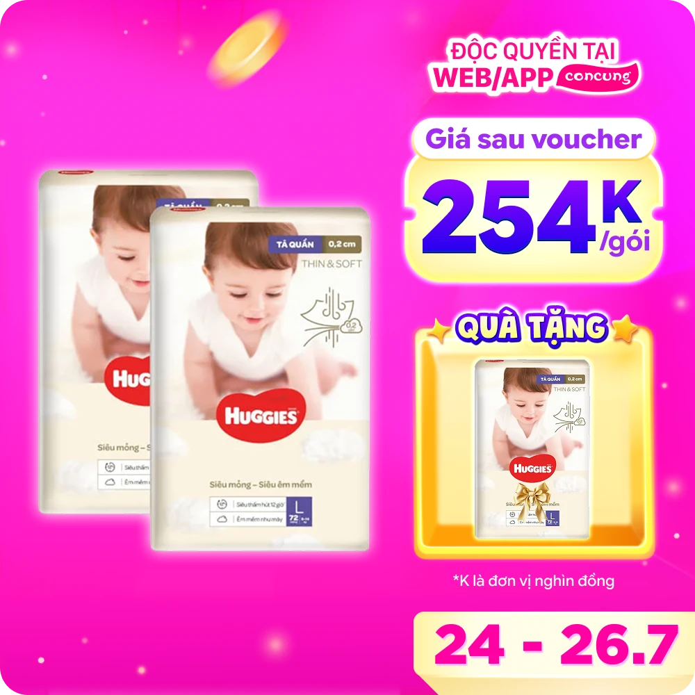 Tã quần Huggies Thin & Soft  (L, 9-14kg, 72 miếng)