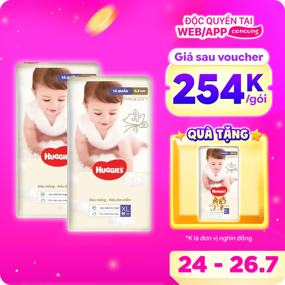 Tã quần Huggies Thin & Soft  (XL, 12-17kg, 62 miếng)