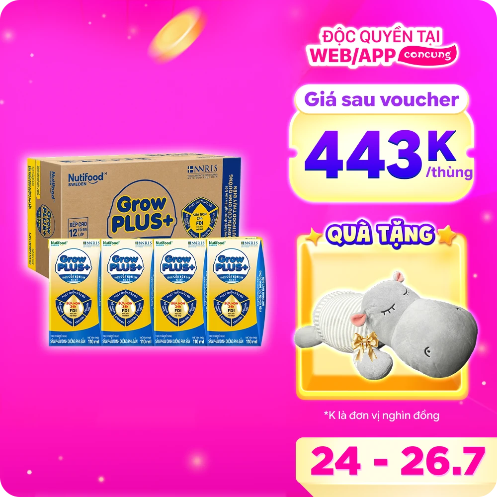 Thùng Sữa GrowPLUS+ Sữa non Vàng hộp 110ml (lốc 4 hộp)