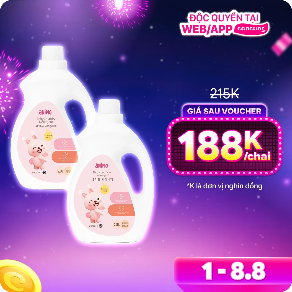 Combo 2 Nước giặt cho bé Animo hương trái cây mùa hè chai 2,8L