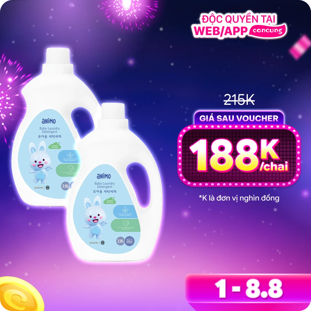 Combo 2 Nước giặt cho bé Animo hương làn gió mùa hè chai 2,8L
