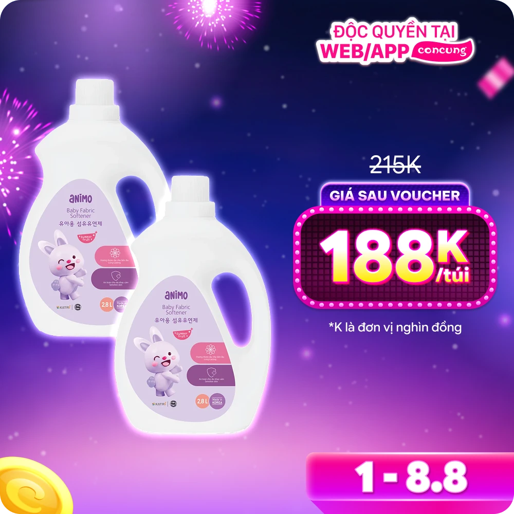 Combo 2 Nước xả cho bé Animo hương trái cây mùa hè chai 2,8L