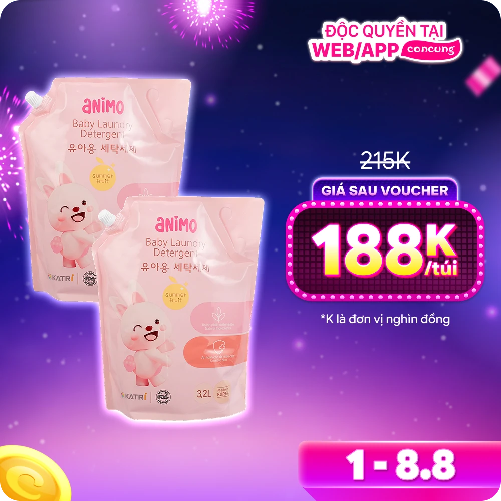 Combo 2 Nước giặt cho bé Animo hương trái cây mùa hè túi refill 3,2L