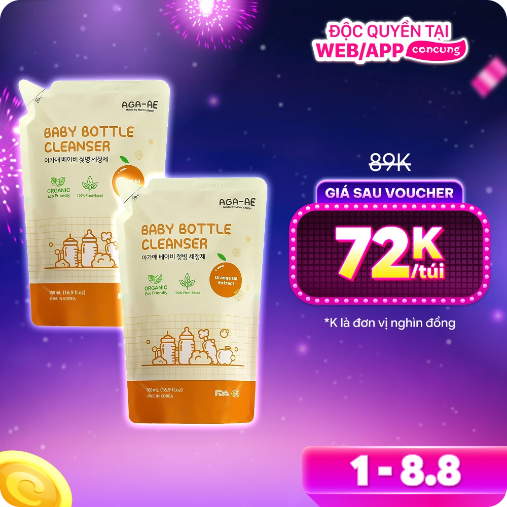 Combo 2 Nước rửa bình sữa AGA-AE hương cam - Túi 500ml (Giao bao bì ngẫu nhiên)